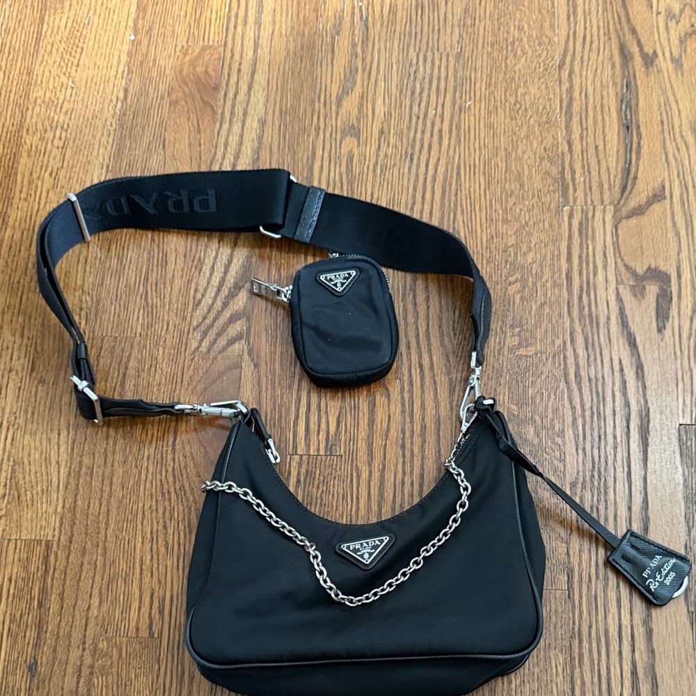 Prada Black Nylon Bag with Chain and Pouch